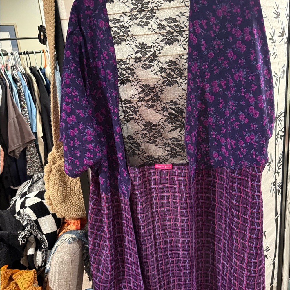 Floral and Plaid Purple Kimono